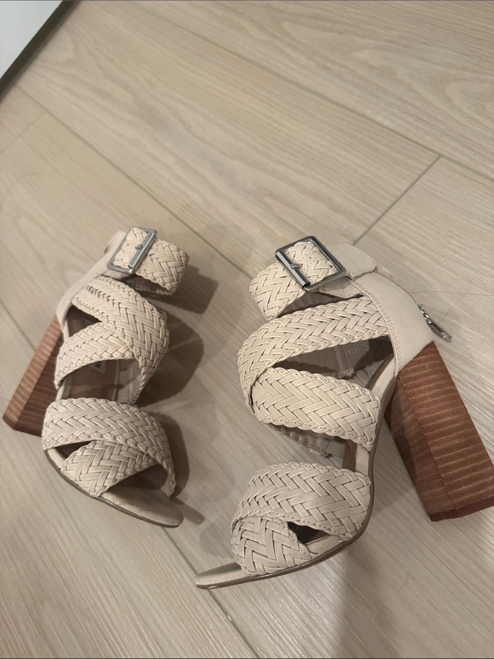 Steve Madden Cream Braided Block Heel Sandals with Buckle